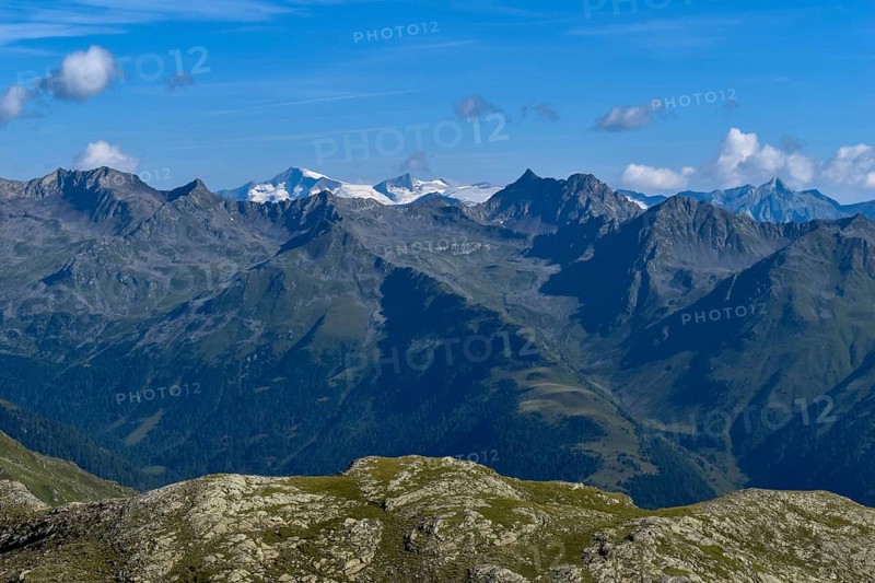 View from the south to the glaciated Großvenediger and to the right in front of it the Lasörling, Hohe Tauern, East Tyrol, Austria, Europe