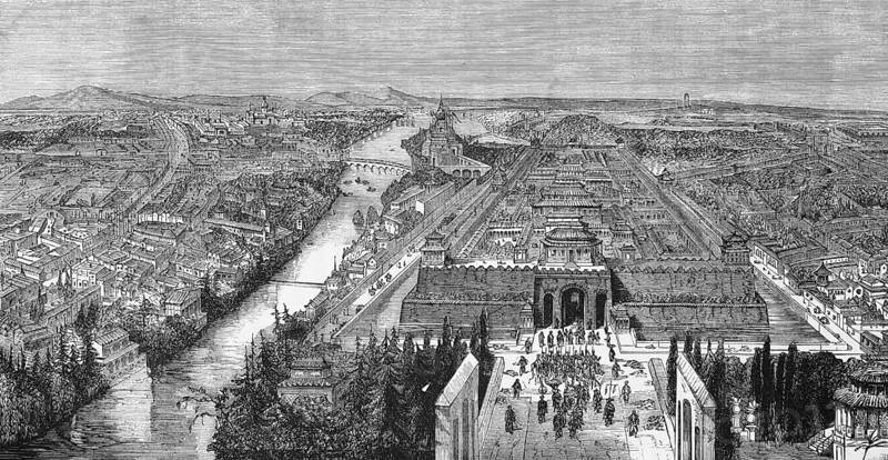 Cityscape from above with Imperial Palace of Peking or Beijing, city wall, river, old town, travelling in Asia, China, historical illustration 1887, Asia