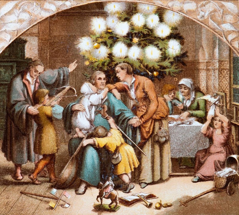 The Luther family celebrates a peaceful Christmas, living room with table and stove, Christmas tree with burning candles, children with numerous presents, doll's pram, crossbow, book, horse with rider, stations from Dr Martin Luther's life, coloured illustration ca. 1890