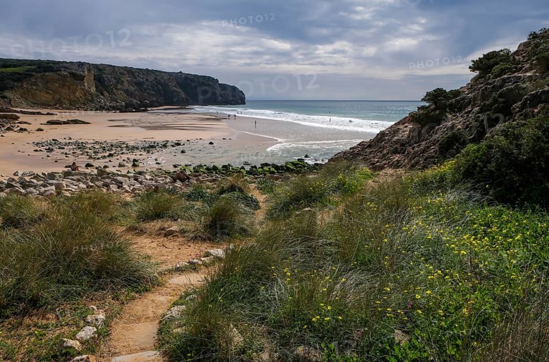 Raposeira, Algarve, Portugal - Surfer beach Praia do Zavial on the Mediterranean coast between Sagres and Lagos