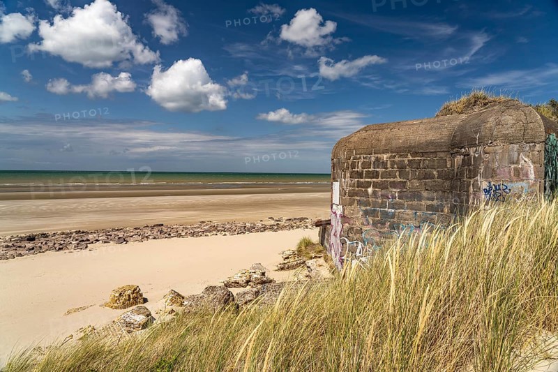 World War II bunker on the beach at Leffrinckoucke on the Côte d'Opale or Opal Coast, France, Europe