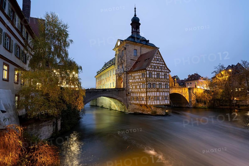 The old town hall on the river Regnitz, Blue Hour, Bamberg, Upper Franconia, Bavaria, Germany, Europe