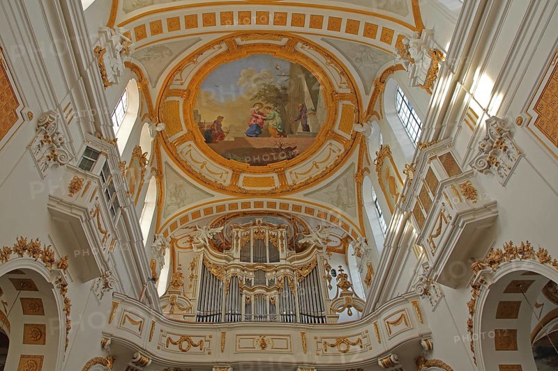 Interior view with ceiling fresco by Januarius Zick 1783 by baroque master builder Johann Michael fisherman, arts and crafts, rococo, painting, organ, gallery, decorations, magnificent, monastery church, St. Peter and Paul, Oberelchingen, Elchingen, Upper Swabia, Swabia, Bavaria, Germany, Europe