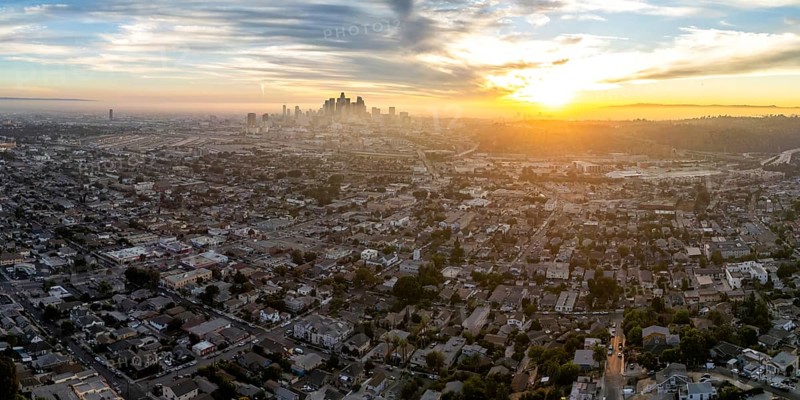 Los Angeles skyline aerial view downtown at sunset panorama in California in Los Angeles, USA, North America