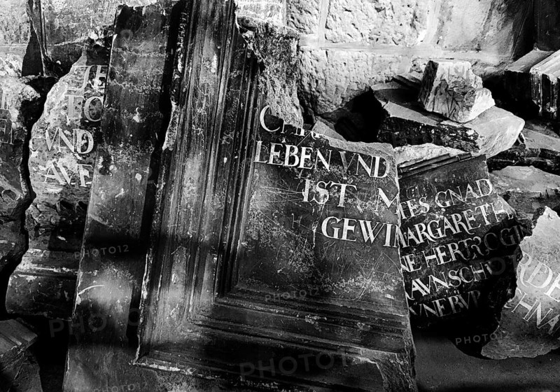 Broken sacred stone slabs, interior view, Collegiate Church of St Servatius, UNESCO World Heritage Site, Quedlinburg, Saxony-Anhalt, Germany, Europe