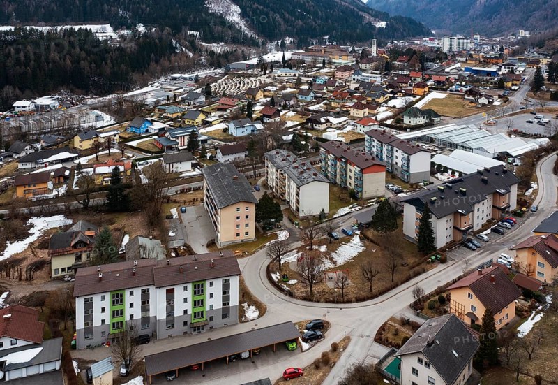 Drone image, residential buildings, view of town, Radenthein, Gegendtal, Carinthia, Austria, Europe