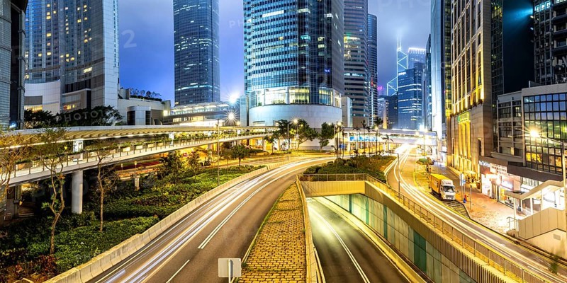 Hong Kong at night traffic panorama with streets and skyscrapers in Hong Kong, China, Asia