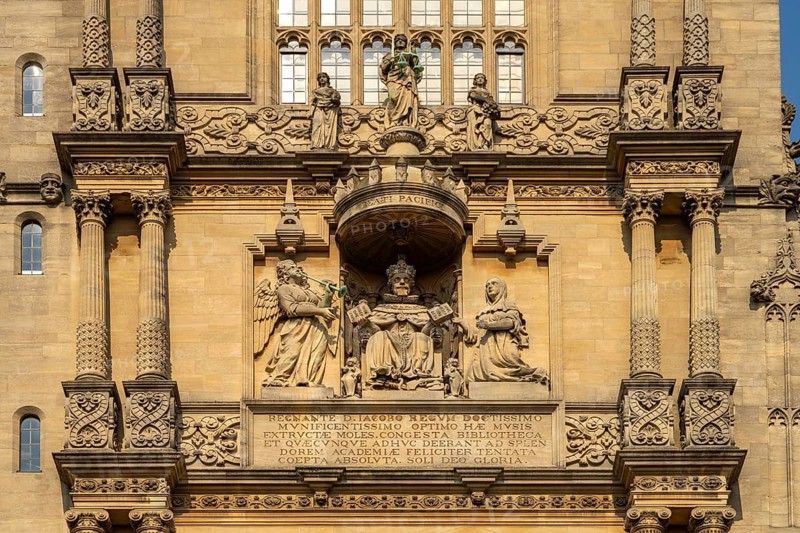 Detail of the Tower of the Five Orders, Bodleian Library, University of Oxford, Oxford, Oxfordshire, England, Great Britain