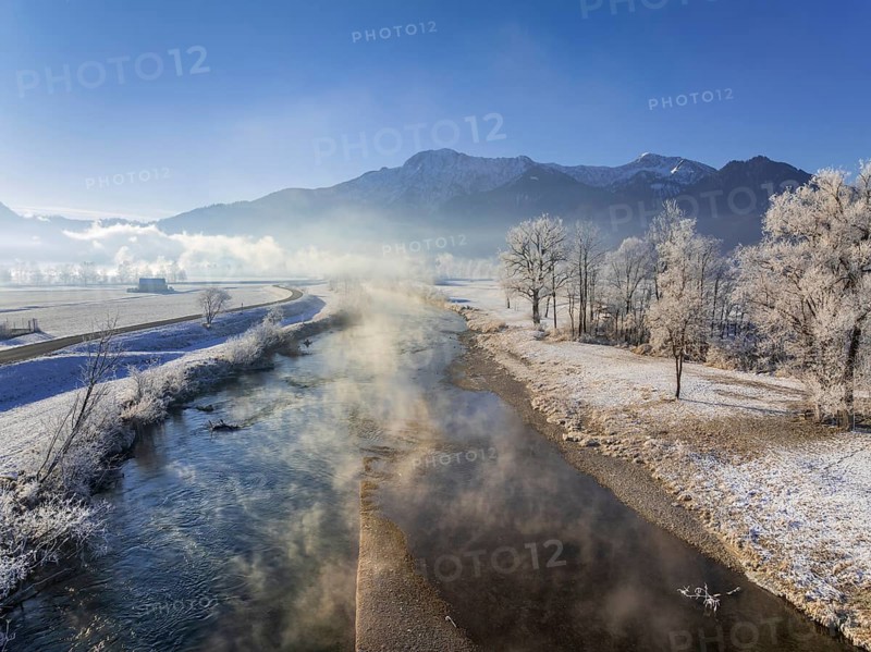 River, morning light, fog, hoarfrost, mountains, winter, snow, aerial view, Loisach, view of Herzogstand, Heimgarten, Alpine foothills, Bavaria, Germany, Europe