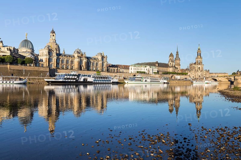 City view with reflection in the Elbe, steamer of the Saxon Steamship Company, Academy of Fine Arts, Church of Our Lady, Secondary Residence, Ständehaus, Hausmannsturm, Court Church, Dresden, Saxony, Germany, Europe