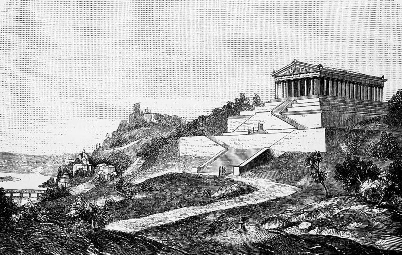 Temple of honour and memorial for German celebrities, Walhalla in Donaustauf, classicist architectural style, Bavaria King Ludwig I, mountain, stairs, architecture, travel, Germany, historical illustration 1885, Europe