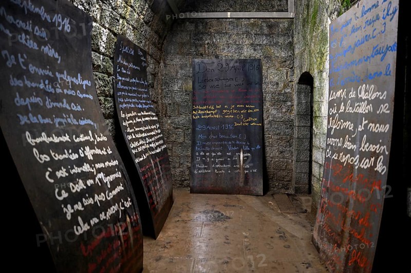 Plaques with sayings of soldiers, Fort de Douaumont, French fortress from the First World War, Verdun battlefield, Verdun, Grand Est region, France, Europe