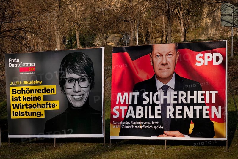 Election posters for the federal election on 23 February 2025, Judith Skudelny, FDP, with direct criticism of Federal Chancellor Olaf Scholz SPD, Schönreden, Ludwigsburg, Baden-Württemberg, Germany, Europe