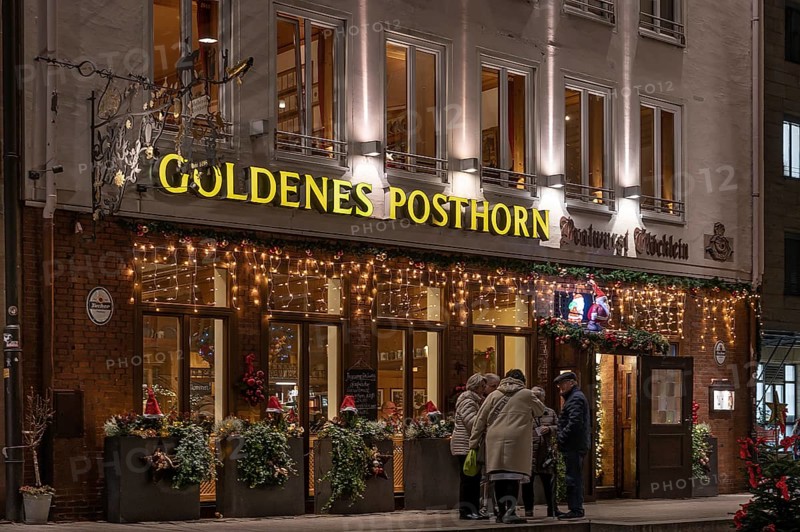 Christmas lighting at the Golden Posthorn, Germany's oldest wine tavern, Glöckleinsgasse 2, Nuremberg, Middle Franconia, Bavaria, Germany, Europe