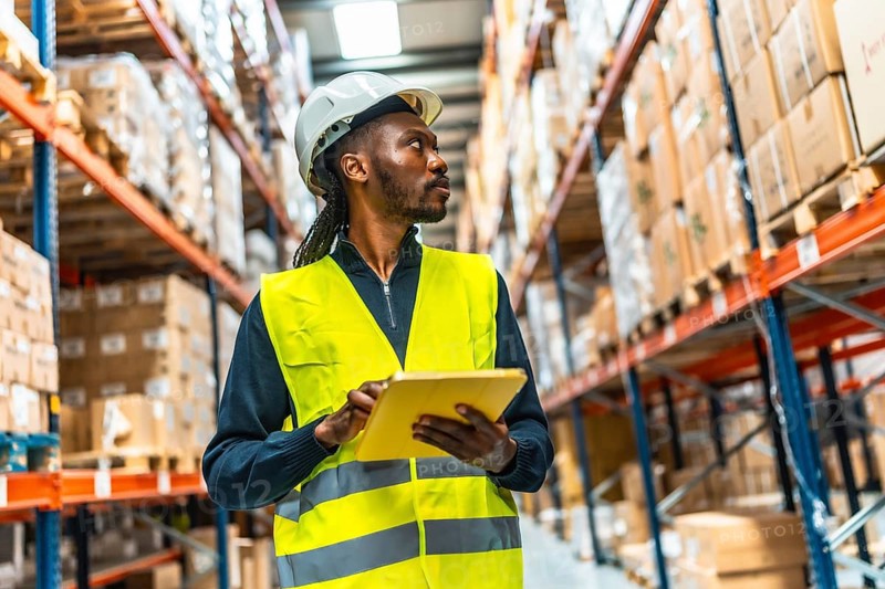 Frontal low angle view photo of a warehouse african worker using digital tablet doing inventory