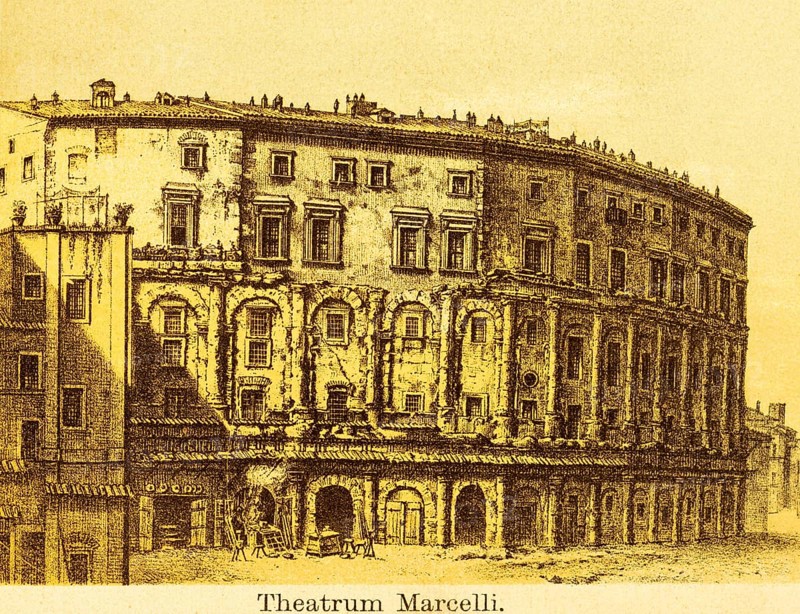 Theatrum Marcelli, theatre of M. Claudius Marcellus in the 19th century, ancient Rome, entertainment, leisure, drama, Italy, coloured historical illustration from 1882, Europe