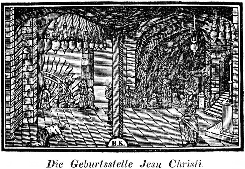 Church at Bethlehem, the birthplace of Jesus Christ, cellar grotto of the manger, woodcut, historical illustration, Christoph Schmid's Biblical History, the desecration of Palestine, supplementary volume 1836