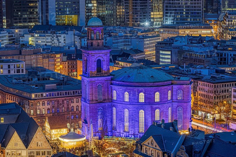 St Paul's Church in Frankfurt am Main will be illuminated in blue on 10 December 2023, International Human Rights Day. This commemorates the declaration of the UN Human Rights Charter of 10 December 1948, Römerberg, Frankfurt am Main, Hesse, Germany, Europe