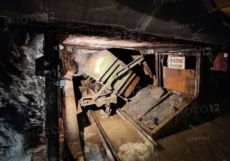 Underground with the sign Achtung Bunker in the Rammelsberg ore mine, UNESCO World Heritage Site, Goslar, Lower Saxony, Germany, Europe
