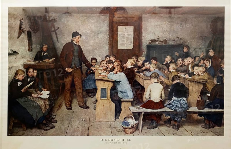 Village school from 1848, painting by Albert Anker, reproduction, Friedrichshafen School Museum, Friedrichshafen, Baden-Württemberg, Germany, Europe