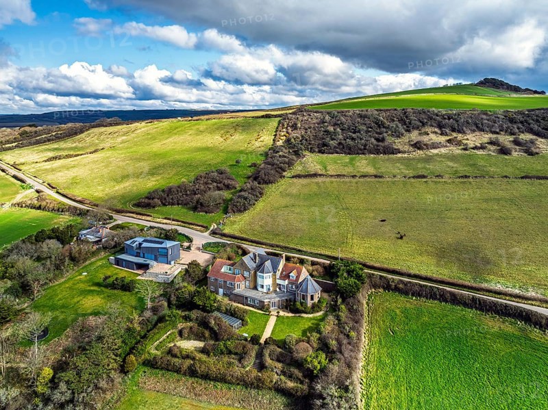 Farms over Swyre and West Bexington from a drone, West Bexington Nature Reserve, S W Coast Path, Dorchester, Dorset, England, United Kingdom, Europe