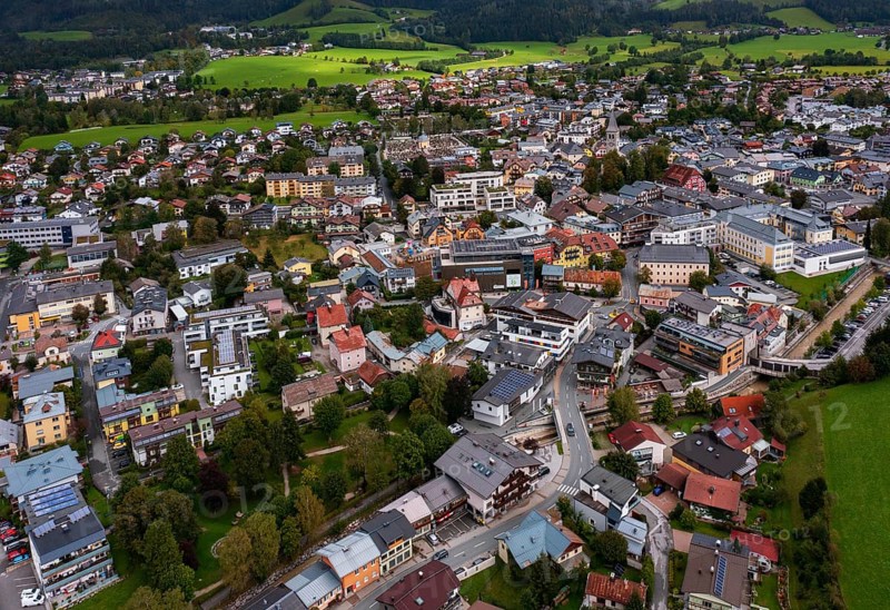 Drone image, residential buildings, town view, Saalfelden am Steinernen Meer, Pinzgau, Salzburg province, Austria, Europe