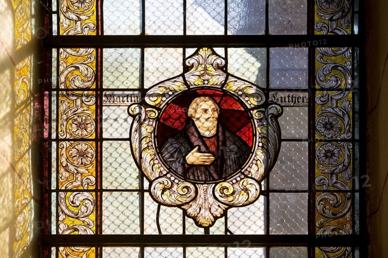 Stained glass window with Martin Luther in the Evangelical Lutheran Market Church of St Cosmas and Damian, Goslar, UNESCO World Heritage Site, Lower Saxony, Germany, Europe