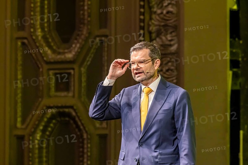 Traditional Epiphany Meeting 2025 of the FDP party. The party event also marks the start of the election campaign for the 2025 federal elections.Dr Marco Buschmann MdB, designated Secretary General of the FDP, in front of the large poster with the inscription Alles lässt sich ändern. Stuttgart Opera House. Baden-Württemberg, Germany, Europe