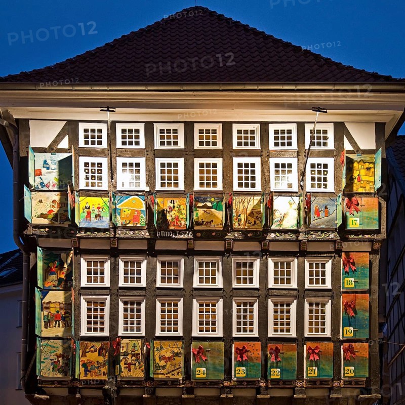 Large Advent Calendar at the Old Town Hall, Nostalgic Christmas Market, Hattingen, Ruhr Area, North Rhine-Westphalia, Germany, Europe