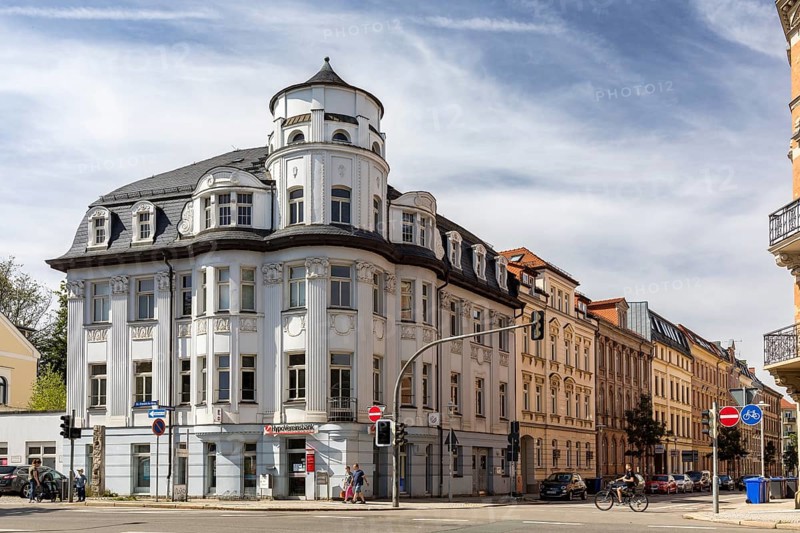 Striking villa with pilasters, semi-circular bay windows and Art Nouveau decorations in the city centre of Zwickau, Saxony, Germany, Europe