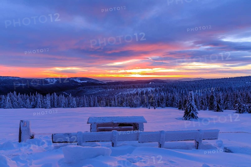 Colourful sunset in winter, view from the Wossecker Baude above Harrachsdorf in the Giant Mountains, Czech Republic, Europe
