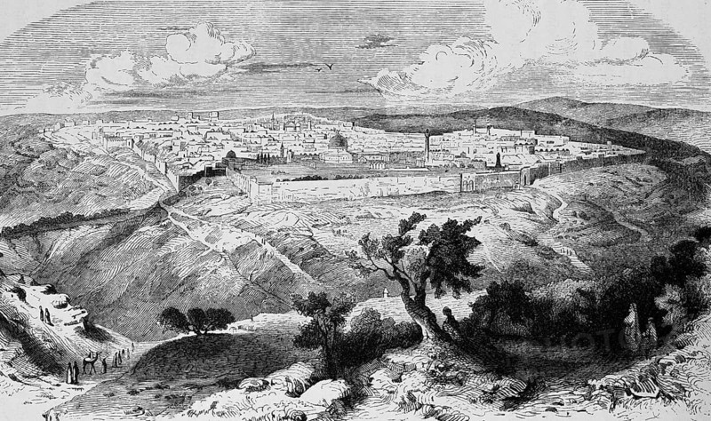 Cityscape of Jerusalem, bird's eye view from the Mount of Olives, Mount of Olives, plateau, city wall, mentioned in the Bible, travelling in Asia, Israel, historical illustration 1887, Asia