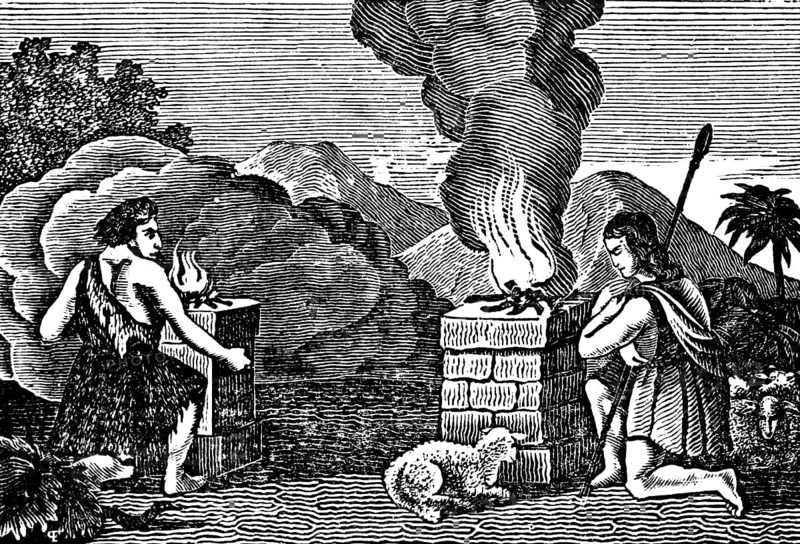 Cain and Abel, the two sacrifices, crops, first lamb, fireplace, vertical and horizontal smoke, mountain landscape, Genesis, woodcut, Christoph Schmid's Biblical History 1831