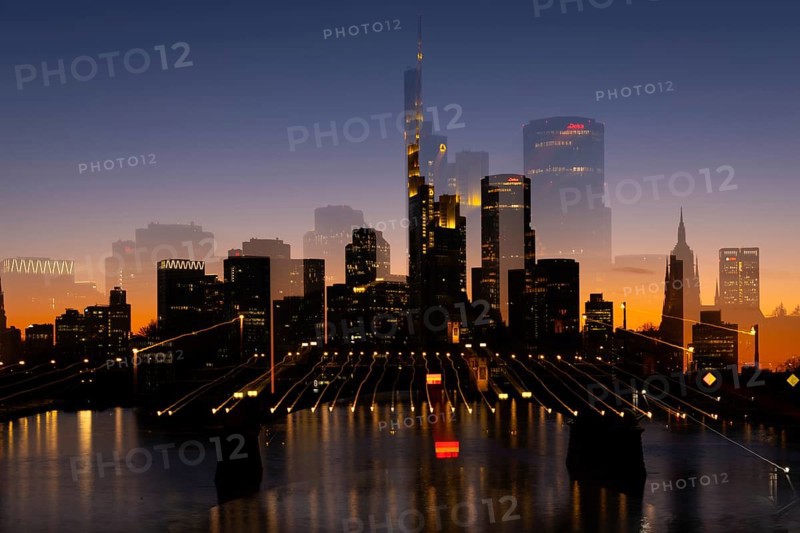 The silhouette of Frankfurt's banking skyline stands out in the evening against the residual light of the setting sun. (Effect through long exposure and change of focal length), Frankfurt am Main, Hesse, Germany, Europe
