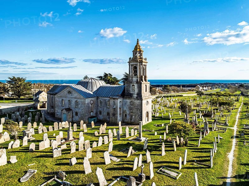 St George's Church and Cemetery froim a drone, Reforne, Portland, Dorset, England, United Kingdom, Europe