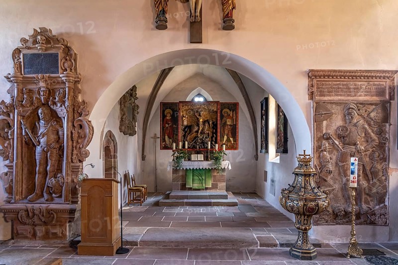 Interior of the fortified church of St George in Kraftshof, Nuremberg, Bavaria, Germany, Europe
