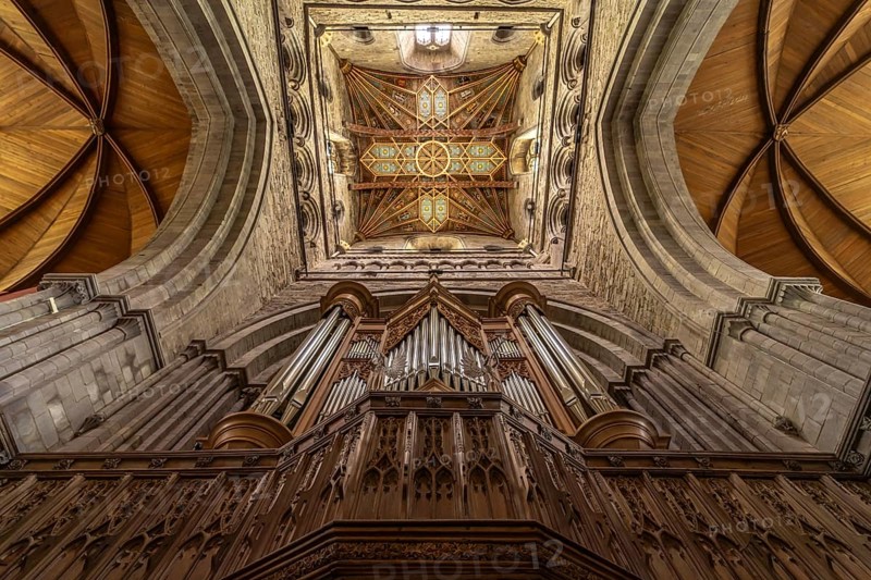 Organ and church ceiling of St Davids Cathedral, Wales, Great Britain