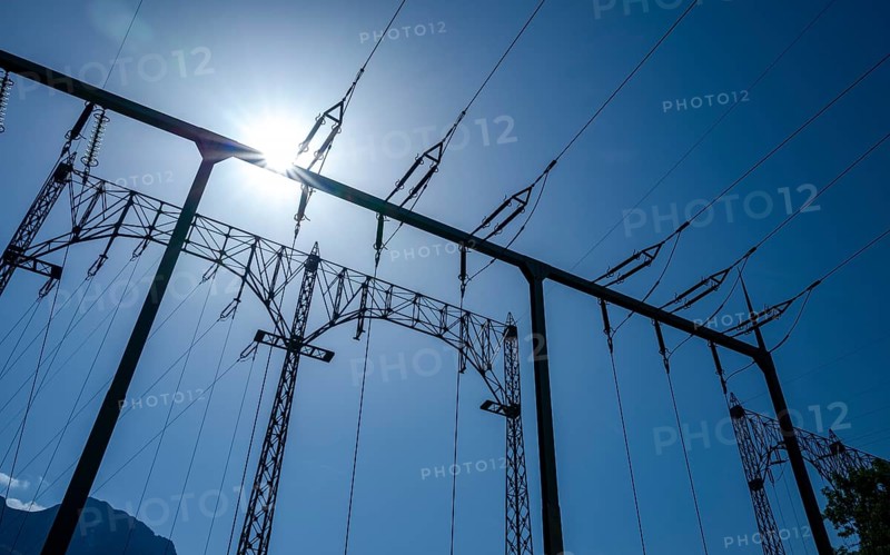 Power line at a small power station, Bad Tölz, Bavaria, Germany, Europe