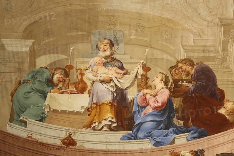 Ceiling fresco by Januarius Zick 1783 depicting the infant Jesus in the temple, offering, rococo, interior view, arts and crafts, painting, monastery church, St Peter and Paul, Oberelchingen, Elchingen, Upper Swabia, Swabia, Bavaria, Germany, Europe