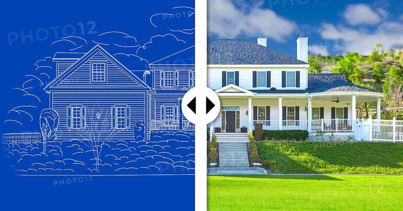 Before and after slider comparing blueprint sketch drawing plans and completed custom house