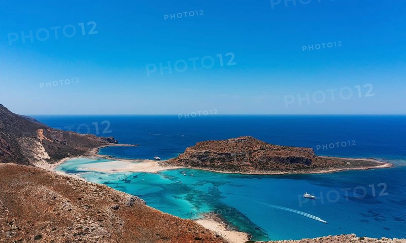 Drone shot, Gramvousa peninsula with view to the beach and bay of Balos, Kolimbari, West Crete, Crete, Greece, Europe