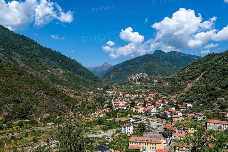 Picturesque view of the Ligurian Alps and Badalucco in Valle Argentina, province of Imperia, Liguria, Italy, Europe