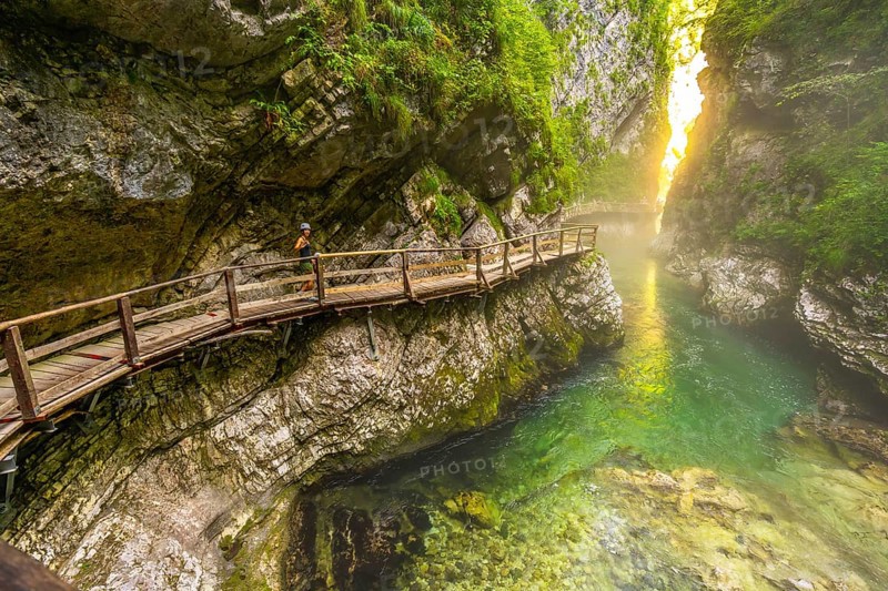 Female tourist walking along a wooden path in vintgar gorge, slovenia, admiring the stunning radovna river on a summer day