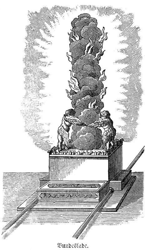 The Ark of the Covenant was the highest sanctuary of the Israelites, the two stone tablets of the law were kept in it, box made of acacia wood, above it golden cherub images with wings, Bible, historical illustration, Biblisches Handwörterbuch 1862