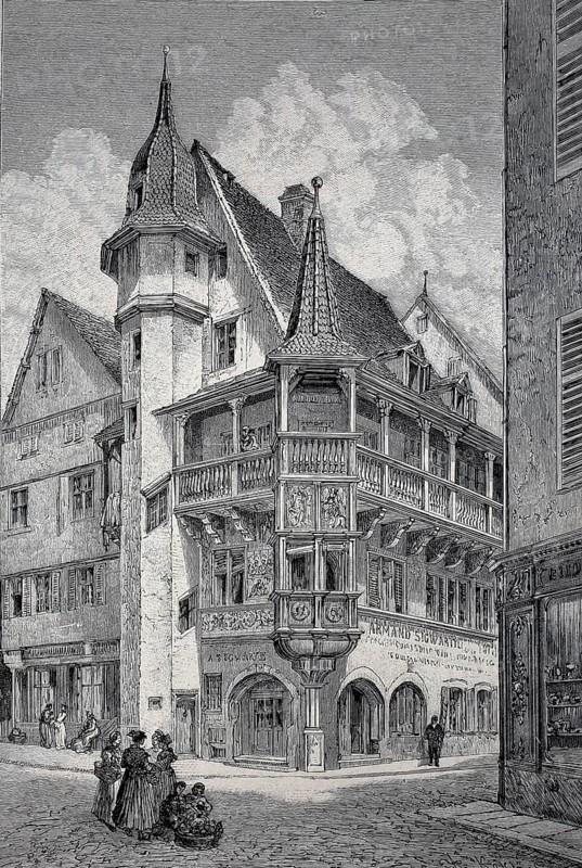 The Pfisterhaus in Colmar around 1880, The house was built in 1537 in the then Free Imperial City of Colmar on behalf of the hatter Ludwig Scherer, Alsace, France, digital reproduction of an original 19th century model, historical, Europe