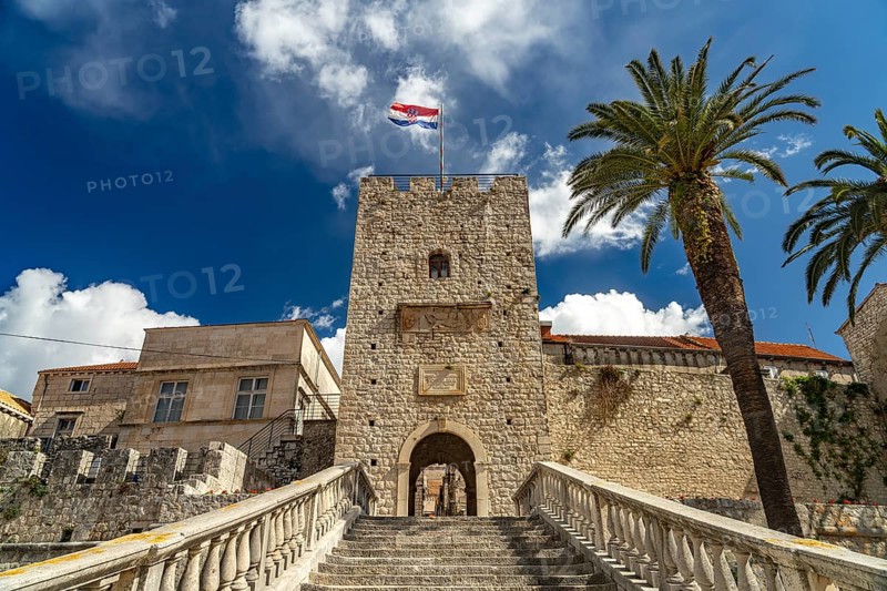 Land Gate Revelin Tower, city gate in Korcula, Croatia, Europe