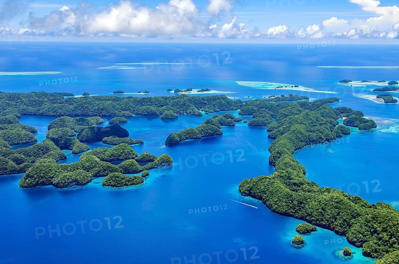 Aerial view of 70 Rock Islands green islands in island paradise island state Palau in the Pacific West Pacific, in the background white clouds Cumulus, Republic of Palau, Micronesia, Australia, Oceania