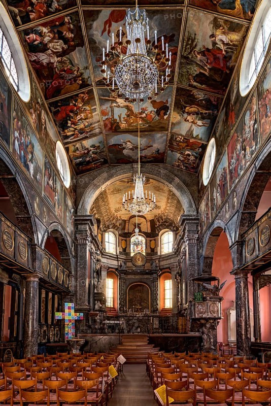 Union Church, interior with choir, pulpit, painting on canvas, riding choir, historic old town, Idstein, Rheingau Taunus district, German Half-Timbered Road, Hesse, Germany, Europe