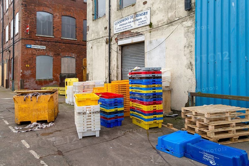 Fish trays and fish carcasses in waste skip. Grimsby docks, north east Lincolnshire, England, UK