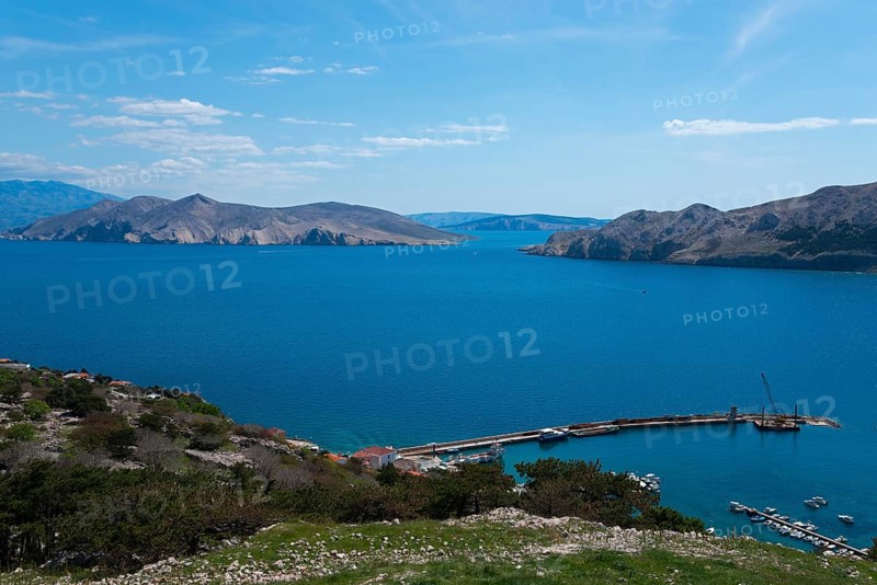 Panoramic view of a harbour on the calm blue sea, surrounded by mountains and islands, view from the church of St. Ivan, Baška, Baska, island of Krk, Kvarner Gulf Gulf Bay, Primorje-Gorski kotar, Croatia, Europe